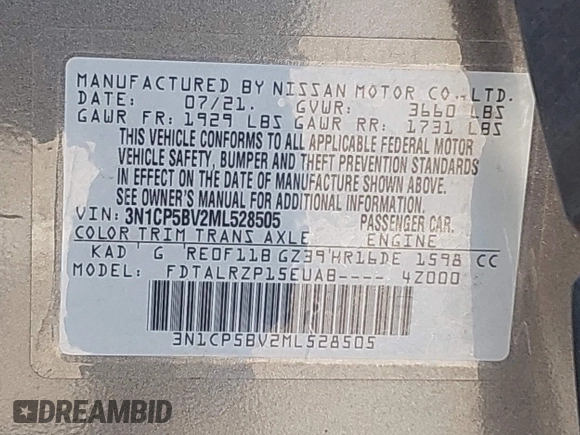2021 Nissan Kicks S with VIN 3N1CP5BV2ML528505, listed as a IAAI auction lot 42206862 with 44,081 mi miles and . Bid and sale history available at DreamBid. Image 9.