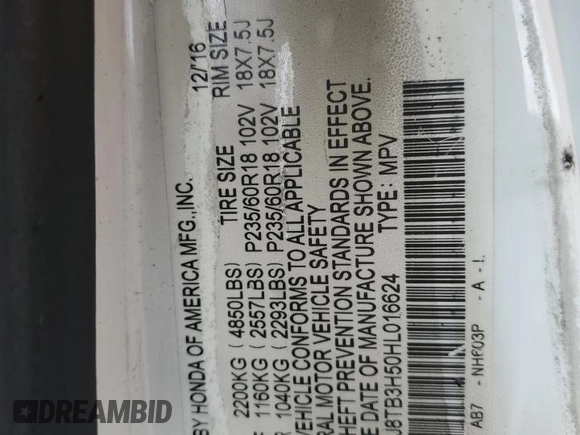 2017 Acura RDX Technology with VIN 5J8TB3H50HL016624, listed as a Copart auction lot 54770795 with Not Provided miles and Non Repairable. Bid and sale history available at DreamBid. Image 13.
