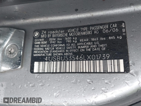2006 BMW Z4 3.0si z VIN 4USBU53546LX01739, wystawiony jako IAAI lot #41531608 z przebiegiem 79 376 mil mil oraz . Historia ofert i sprzedaży dostępna na DreamBid. Obrazek 9.