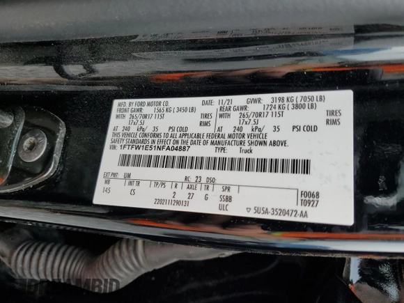2022 Ford F-150 XL with VIN 1FTFW1E51NFA04887, listed as a Copart auction lot 55734705 with 123,590 mi miles and Salvage title. Bid and sale history available at DreamBid. Image 12.
