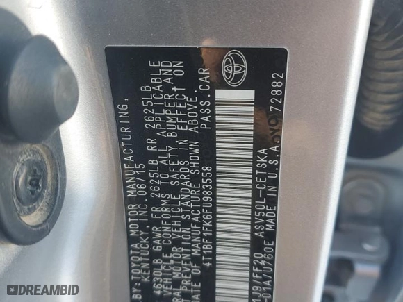 2015 Toyota Camry XLE with VIN 4T1BF1FK6FU983558, listed as a Copart auction lot 45697405 with 62,642 mi miles and Salvage Title. Bid and sale history available at carsss.com. Image 14.