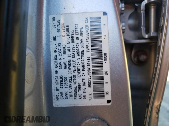 2009 Honda Accord LX-P with VIN 1HGCP26499A191814, listed as a Copart auction lot 50348815 with 133,599 mi miles and Salvage Title. Bid and sale history available at DreamBid. Image 14.
