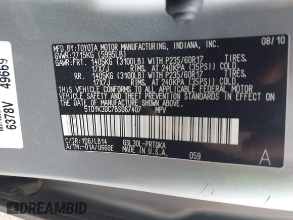 2011 Toyota Sienna XLE AAS z VIN 5TDYK3DC7BS067407, wystawiony jako IAAI lot #42312520 z przebiegiem 175 945 mil mil oraz . Historia ofert i sprzedaży dostępna na DreamBid. Obrazek 9.
