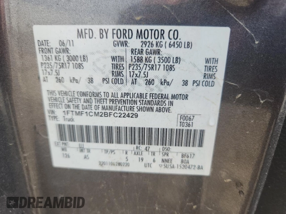 2011 Ford F-150 XL with VIN 1FTMF1CM2BFC22429, listed as a Copart auction lot 60683045 with 175,947 mi miles and Non repairable. Bid and sale history available at DreamBid. Image 12.