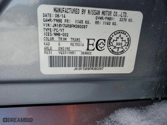2015 Infiniti Q50 Premium with VIN JN1BV7AR9FM390097, listed as a Copart auction lot 43724005 with NaN miles and Salvage Title. Bid and sale history available at carsss.com. Image 12.