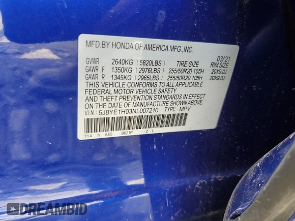 2022 Acura MDX w/A-Spec Package with VIN 5J8YE1H03NL007210, listed as a Copart auction lot 53582985 with 40,646 mi miles and Salvage title. Bid and sale history available at DreamBid. Image 13.