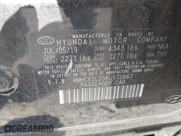 2019 Hyundai Ioniq z VIN KMHC65LD5KU172667, wystawiony jako IAAI lot #42278191 z przebiegiem 206 724 mil mil oraz . Historia ofert i sprzedaży dostępna na DreamBid. Obrazek 9.