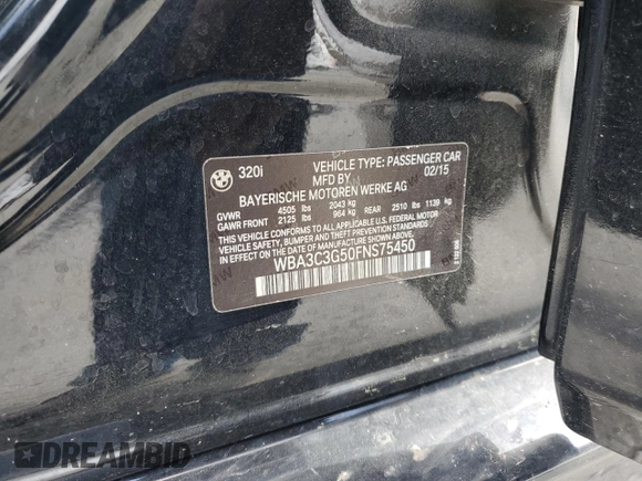 2015 BMW 3 Series 320i xDrive with VIN WBA3C3G50FNS75450, listed as a Copart auction lot 49974425 with 174,358 mi miles and Salvage Title. Bid and sale history available at carsss.com. Image 14.