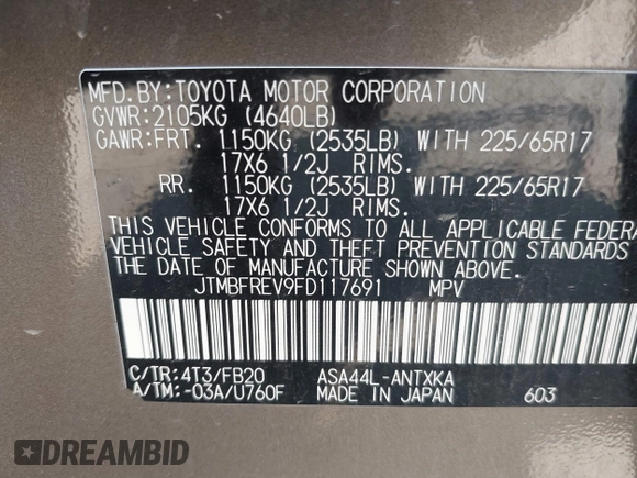 2015 Toyota RAV4 LE with VIN JTMBFREV9FD117691, listed as a IAAI auction lot 42429598 with 132,752 mi miles and . Bid and sale history available at DreamBid. Image 9.