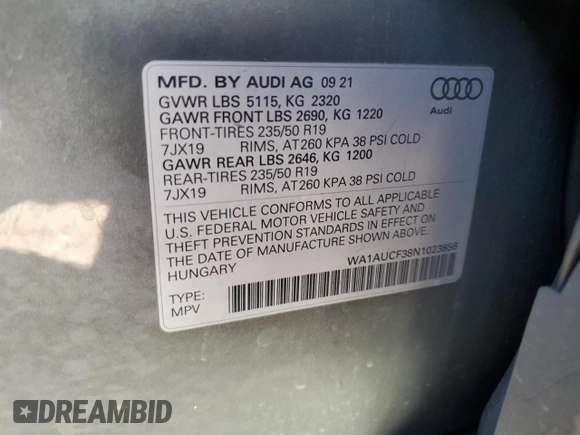 2022 Audi Q3 Premium with VIN WA1AUCF38N1023856, listed as a Copart auction lot 54484245 with 36,161 mi miles and Salvage Title. Bid and sale history available at DreamBid. Image 13.