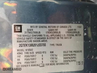 2008 GMC Sierra 1500 SLE1 with VIN 2GTEK13M281203766, listed as a Copart auction lot 46125255 with 0 mi miles and Salvage Title. Bid and sale history available at carsss.com. Image 13.