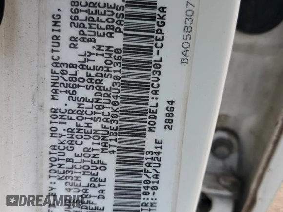 2004 Toyota Camry LE z VIN 4T1BE30K04U301360, wystawiony jako Copart lot #60804115 z przebiegiem 287 009 mil mil oraz Szkoda całkowita • Salvage title. Historia ofert i sprzedaży dostępna na DreamBid. Obrazek 12.