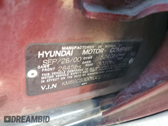 2001 Hyundai Santa Fe GLS with VIN KM8SC83D01U017352, listed as a Copart auction lot 82592024 with 253,442 mi miles and Salvage Title. Bid and sale history available at carsss.com. Image 13.