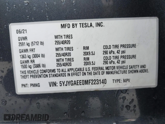 2021 Tesla Model Y Long Range with VIN 5YJYGAEE0MF223140, listed as a IAAI auction lot 42007701 with 55,308 mi miles. Bid and sale history available at carsss.com. Image 9.