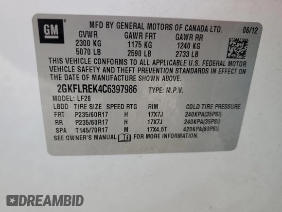 2012 GMC Terrain SLE-1 with VIN 2GKFLREK4C6397986, listed as a Copart auction lot 64011074 with 130,779 mi miles and Salvage Title. Bid and sale history available at carsss.com. Image 13.