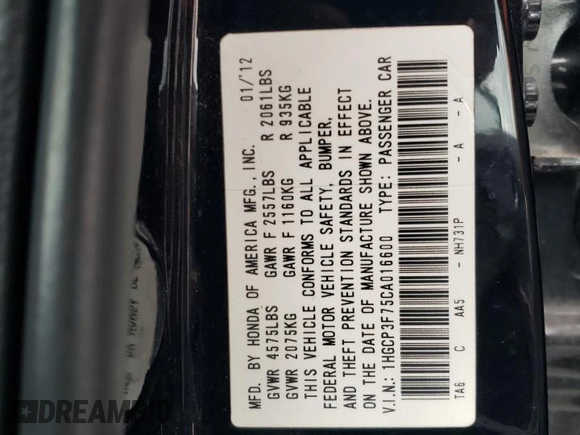 2012 Honda Accord EX z VIN 1HGCP3F75CA016600, wystawiony jako Copart lot #55654215 z przebiegiem 71 489 mil mil oraz Czysty tytuł • Clean title. Historia ofert i sprzedaży dostępna na DreamBid. Obrazek 12.