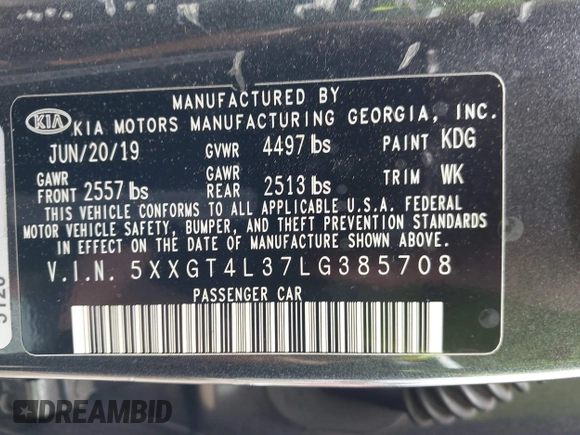 2020 Kia Optima LX with VIN 5XXGT4L37LG385708, listed as a IAAI auction lot 42428109 with 83,904 mi miles and . Bid and sale history available at DreamBid. Image 9.