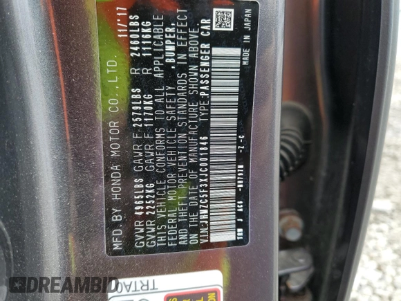 2018 Honda Clarity Plug-In Hybrid Touring with VIN JHMZC5F3XJC001846, listed as a Copart auction lot 80425274 with 69,067 mi miles and Salvage Title. Bid and sale history available at carsss.com. Image 12.