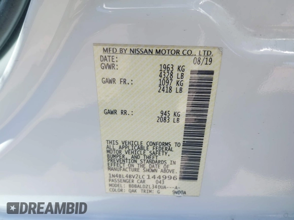 2020 Nissan Altima S z VIN 1N4BL4BV2LC144996, wystawiony jako IAAI lot #42344823 z przebiegiem 94 698 mil mil oraz . Historia ofert i sprzedaży dostępna na DreamBid. Obrazek 9.