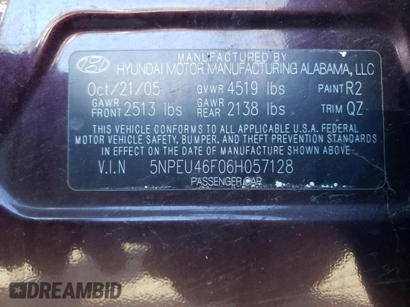 2006 Hyundai Sonata GLS with VIN 5NPEU46F06H057128, listed as a Copart auction lot 47275095 with 222,769 mi miles and Salvage Title. Bid and sale history available at DreamBid. Image 12.