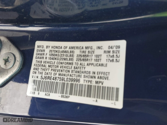 2009 Honda CR-V EX-L with VIN 5J6RE48759L039996, listed as a IAAI auction lot 41856246 with 240,982 mi miles. Bid and sale history available at carsss.com. Image 9.