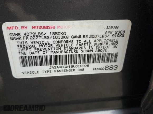 2009 Mitsubishi Lancer GTS with VIN JA3AU86W19U012925, listed as a Copart auction lot 72343934 with Not Provided miles and Salvage Title. Bid and sale history available at DreamBid. Image 15.