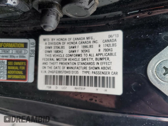 2013 Honda Civic Cpe LX with VIN 2HGFG3B57DH513135, listed as a Copart auction lot 45701564 with 276,418 mi miles and Salvage Title. Bid and sale history available at carsss.com. Image 13.