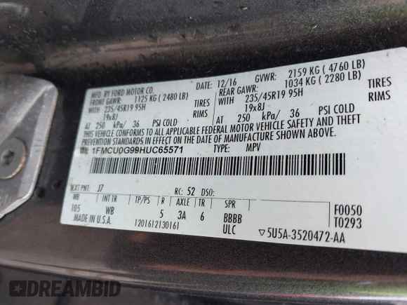 2017 Ford Escape SE with VIN 1FMCU0G99HUC65571, listed as a IAAI auction lot 41923517 with 77,179 mi miles and . Bid and sale history available at DreamBid. Image 9.