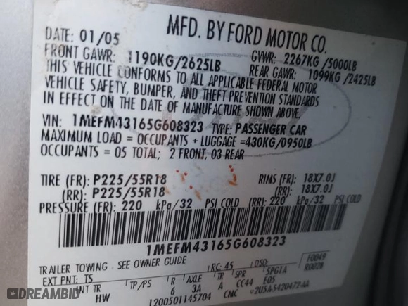 2005 Mercury Montego Premier with VIN 1MEFM43165G608323, listed as a Copart auction lot 77156404 with 138,150 mi miles and Salvage Title. Bid and sale history available at carsss.com. Image 14.