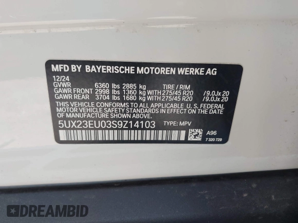 2025 BMW X5 xDrive40i z VIN 5UX23EU03S9Z14103, wystawiony jako IAAI lot #42519767 z przebiegiem 2 983 mil mil oraz . Historia ofert i sprzedaży dostępna na DreamBid. Obrazek 9.
