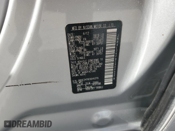 2012 Nissan Quest SL with VIN JN8AE2KP8C9045378, listed as a Copart auction lot 54487715 with 181,648 mi miles and Salvage Title. Bid and sale history available at carsss.com. Image 12.