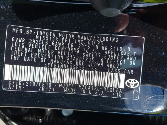 2025 Toyota Corolla LE z VIN 5YFB4MDEXSP261655, wystawiony jako IAAI lot #41429161 z przebiegiem 9 872 mil mil oraz . Historia ofert i sprzedaży dostępna na DreamBid. Obrazek 9.