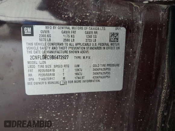 2011 Chevrolet Equinox LTZ z VIN 2CNFLGEC9B6472927, wystawiony jako Copart lot #54231375 z przebiegiem 162 693 mil mil oraz Szkoda całkowita • Salvage title. Historia ofert i sprzedaży dostępna na DreamBid. Obrazek 13.