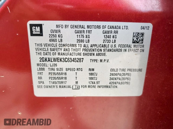 2012 GMC Terrain SLT-2 с VIN 2GKALWEK3C6345287, выставлен на аукционе Copart как лот 56299005 с пробегом 104 671 миль миль и Списание • Salvage title. История ставок и продаж доступна на DreamBid. Изображение 13.