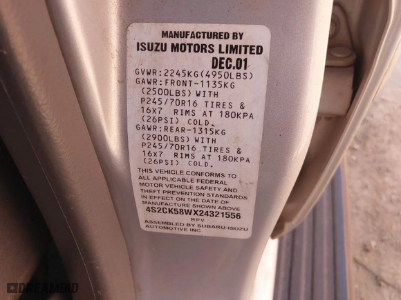 2002 Isuzu Rodeo S with VIN 4S2CK58WX24321556, listed as a IAAI auction lot 41405981 with 172,590 mi miles. Bid and sale history available at carsss.com. Image 9.