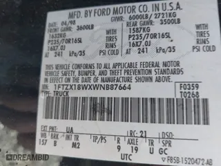 1998 Ford F-150 Standard with VIN 1FTZX18WXWNB87664, listed as a IAAI auction lot 41508340 with 276,281 mi miles. Bid and sale history available at carsss.com. Image 9.