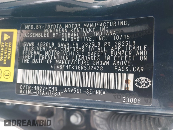 2016 Toyota Camry XLE with VIN 4T4BF1FK1GR532478, listed as a IAAI auction lot 42088674 with 83,297 mi miles and . Bid and sale history available at DreamBid. Image 9.