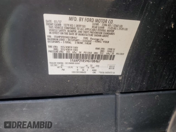 2017 Ford Taurus Limited with VIN 1FAHP2F85HG108467, listed as a Copart auction lot 61956805 with 125,905 mi miles and Salvage title. Bid and sale history available at DreamBid. Image 12.