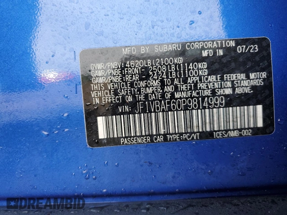 2023 Subaru WRX Premium with VIN JF1VBAF60P9814999, listed as a Copart auction lot 46886105 with 22,414 mi miles and Salvage title. Bid and sale history available at DreamBid. Image 14.