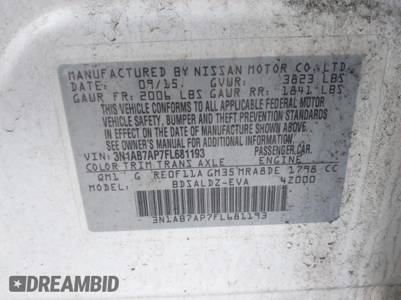 2015 Nissan Sentra SV with VIN 3N1AB7AP7FL681193, listed as a IAAI auction lot 41963027 with 97,060 mi miles and . Bid and sale history available at DreamBid. Image 9.