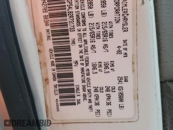 2002 Chrysler Town & Country LXi with VIN 2C4GP54L82R731733, listed as a Copart auction lot 82974104 with 0 mi miles and Salvage Title. Bid and sale history available at carsss.com. Image 15.