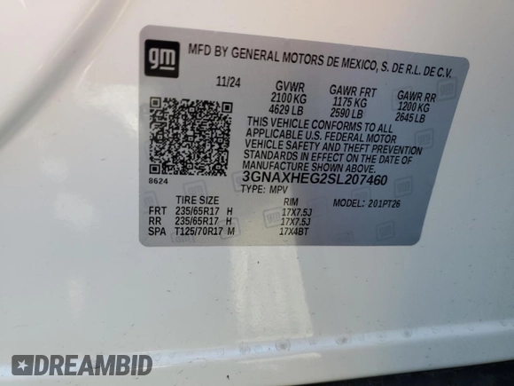 2025 Chevrolet Equinox FWD LT with VIN 3GNAXHEG2SL207460, listed as a Copart auction lot 54268685 with 7,821 mi miles and Clean Title. Bid and sale history available at DreamBid. Image 14.