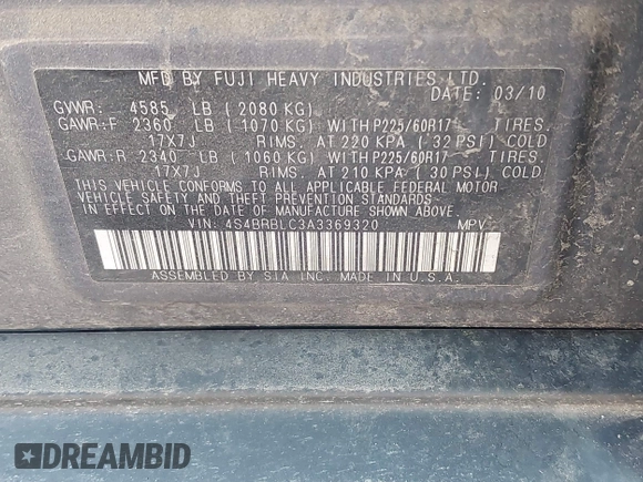 2010 Subaru Outback Limited Power Moon with VIN 4S4BRBLC3A3369320, listed as a IAAI auction lot 42706556 with 129,908 mi miles and . Bid and sale history available at DreamBid. Image 9.