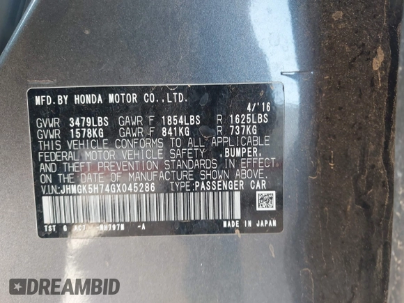 2016 Honda Fit EX с VIN JHMGK5H74GX045286, выставлен на аукционе IAAI как лот 42313084 с пробегом 96 616 миль миль и . История ставок и продаж доступна на DreamBid. Изображение 9.