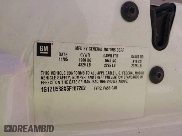 2006 Chevrolet Malibu LTZ with VIN 1G1ZU538X6F167202, listed as a IAAI auction lot 41853430 with 195,437 mi miles and . Bid and sale history available at DreamBid. Image 9.