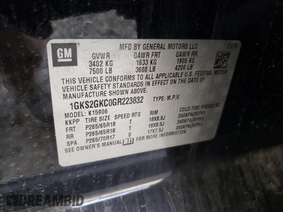 2016 GMC Yukon XL SLT with VIN 1GKS2GKC0GR223832, listed as a Copart auction lot 52250135 with 271,526 mi miles and Salvage Title. Bid and sale history available at carsss.com. Image 13.
