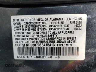 2006 Honda Odyssey EX-L with VIN 5FNRL38706B415413, listed as a Copart auction lot 50725115 with 180,010 mi miles and Salvage Title. Bid and sale history available at carsss.com. Image 16.