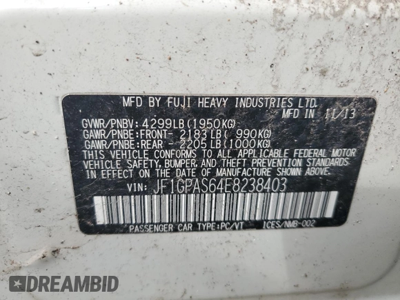 2014 Subaru Impreza Special Sports Limited z VIN JF1GPAS64E8238403, wystawiony jako Copart lot #58225585 z przebiegiem Nie podano mil oraz Szkoda całkowita • Salvage title. Historia ofert i sprzedaży dostępna na DreamBid. Obrazek 12.