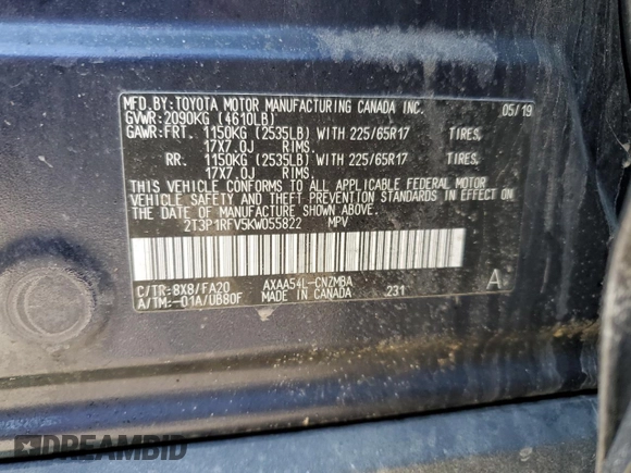 2019 Toyota RAV4 XLE with VIN 2T3P1RFV5KW055822, listed as a Copart auction lot 48483075 with 60,619 mi miles and Salvage Title. Bid and sale history available at DreamBid. Image 15.