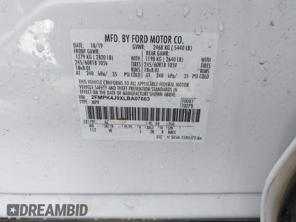 2020 Ford Edge SEL z VIN 2FMPK4J9XLBA07663, wystawiony jako IAAI lot #42115904 z przebiegiem 45 385 mil mil oraz . Historia ofert i sprzedaży dostępna na DreamBid. Obrazek 9.